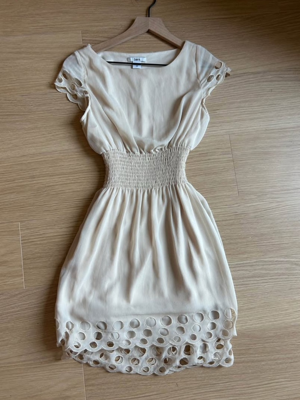 Bar III Cream Smocked-Waist Mini Dress with Cutout Hem